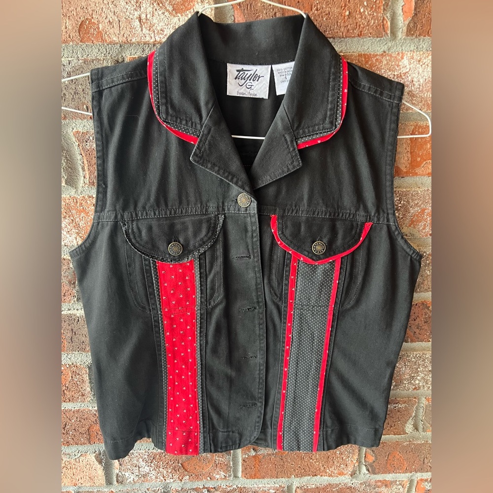 Vintage Taylor G. Black Denim Vest with Black and Red  Details size Small